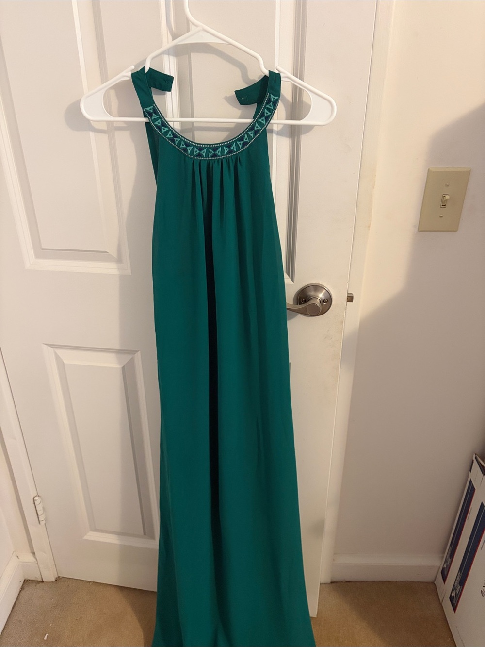 Maurices Teal Halter Maxi Dress with Embroidered Yoke
